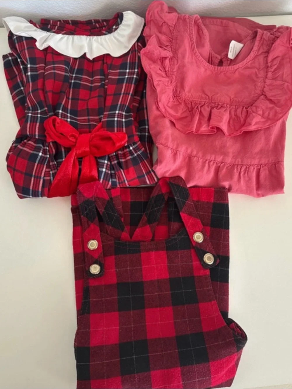 Girls Red Plaid and Pink Ruffle dresses 3-Set - 5T